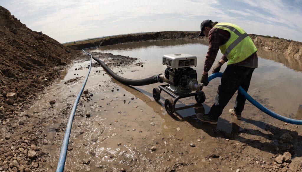 contractor connecting discharge hose to an engine driven dewatering pump on a construction site.