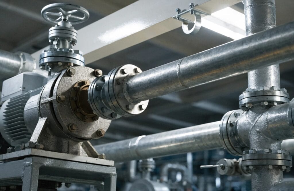 industrial pump with discharge pipework and flanged connections in a commercial plant room.