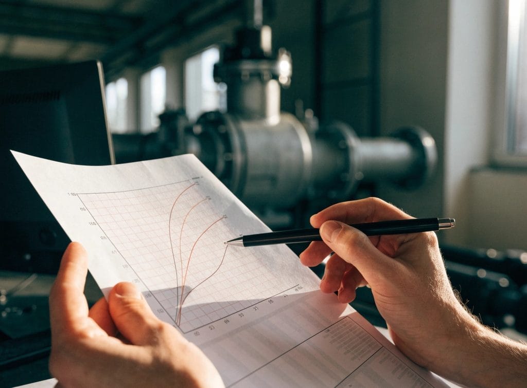 engineer reading a pump performance curve datasheet in a plant room