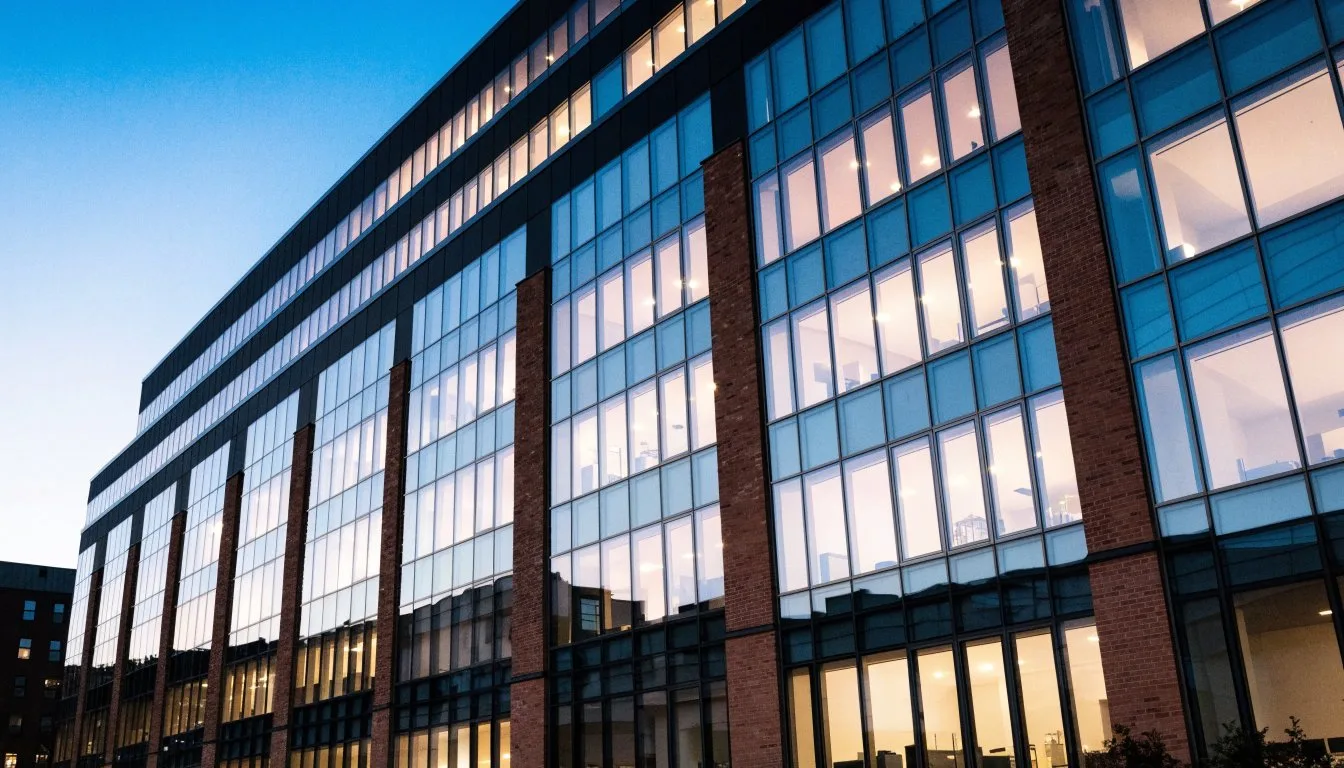 low water pressure in commercial buildings Multi-storey commercial office building at dusk, where upper floors can suffer low water pressure