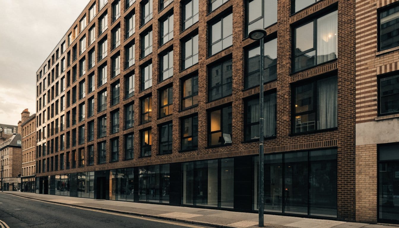 Multi-storey block of flats above shops where low water pressure affects upper floors