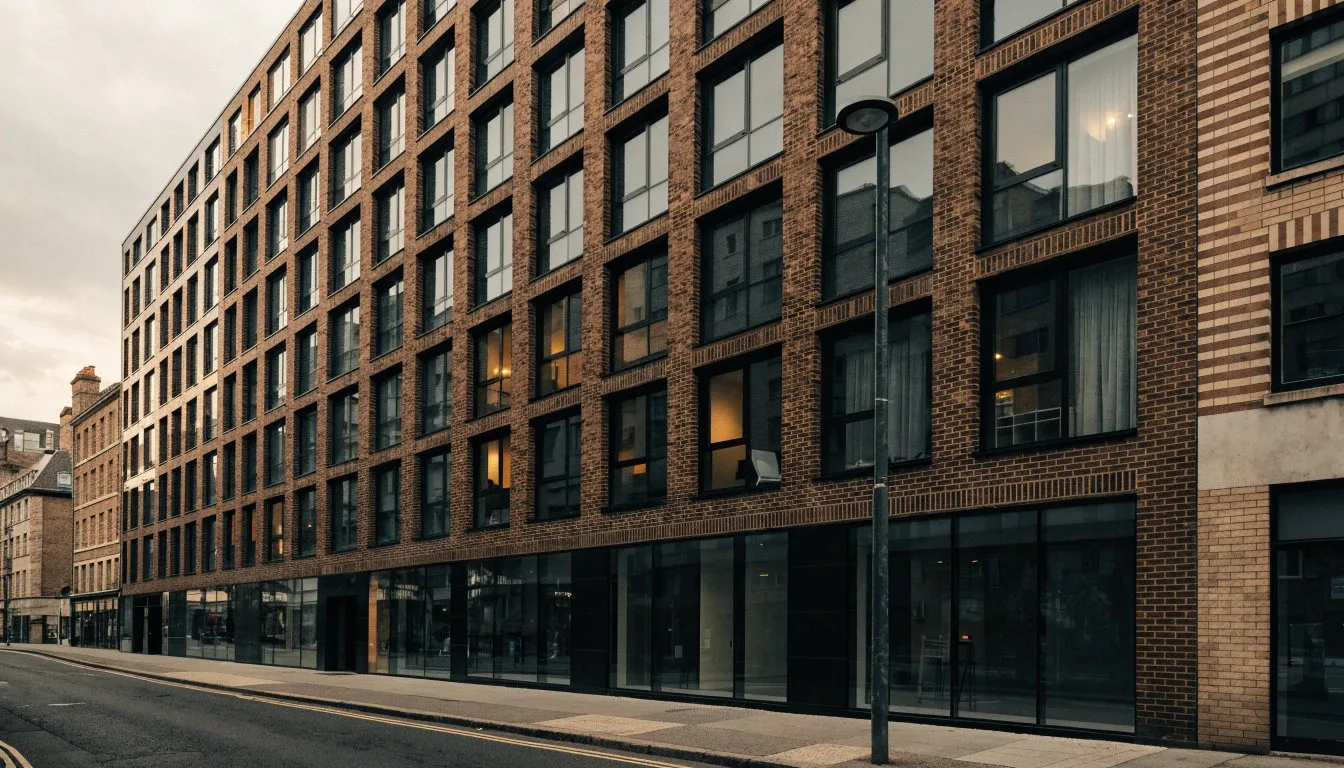 Multi-storey block of flats above shops where low water pressure affects upper floors